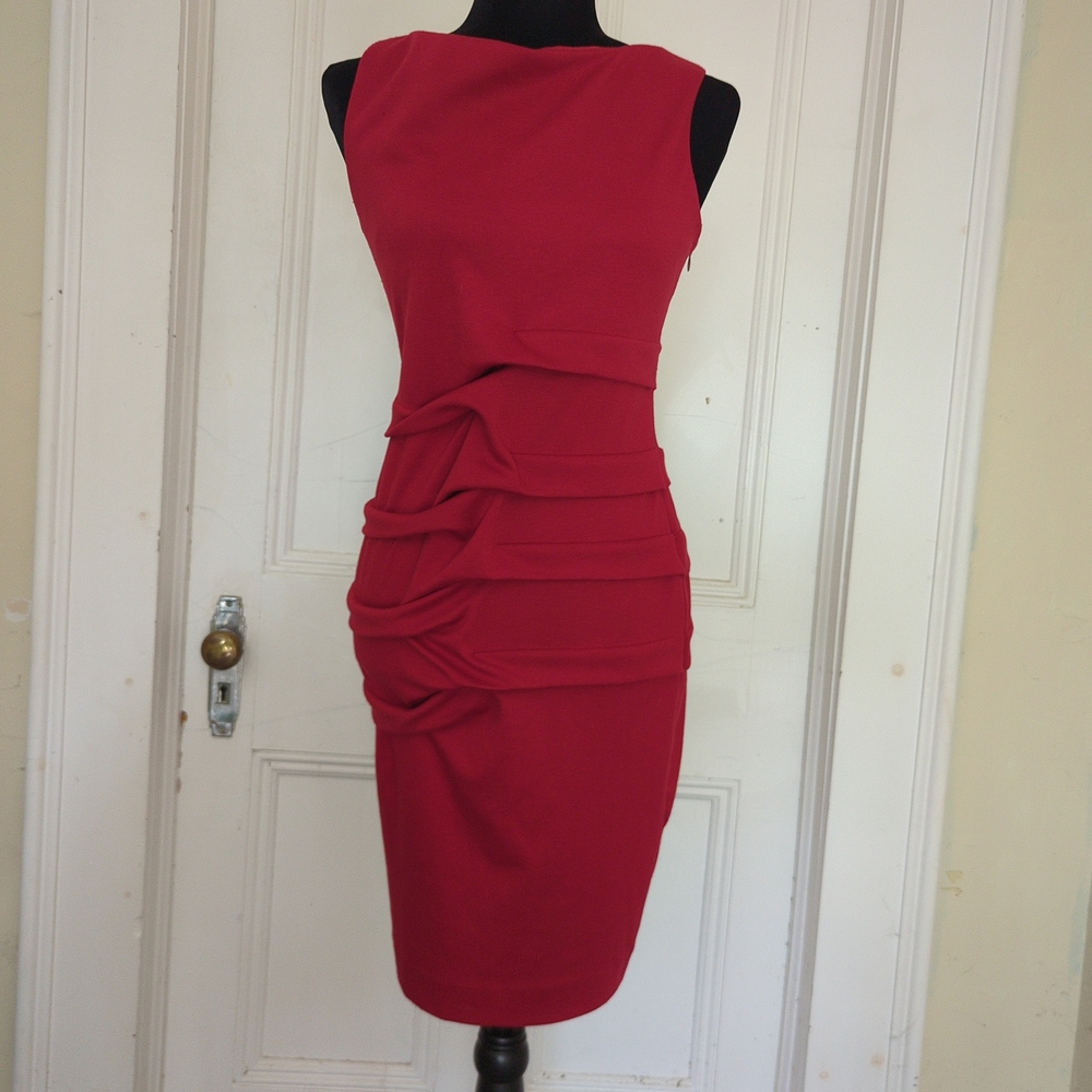 Nicole Miller Cocktail Dress – Red, Ruched, Radiant